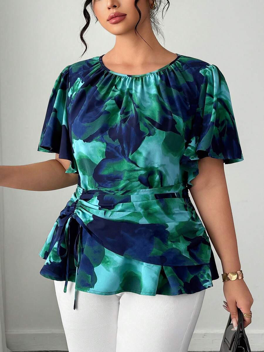 Elenzga Plus Size Women's Tie-Dye Print Round Neck Ruched Ruffle Puff Sleeve Elastic Waist Slimming Front Tie A-Line Blouse, Summer - Green - View 1