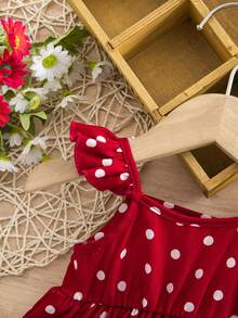 SHEIN Newborn Baby Girl Casual Vacation Cute Red Polka Dot Flutter Sleeve Dress - Red - View 4
