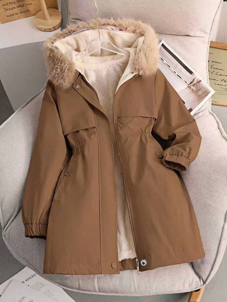 SHEIN Tween Girl 别致厚款保暖内衬优雅简约时尚毛领长款户外夹克,适合秋冬季、派对、卡其色 - 棕色 - 查看 1