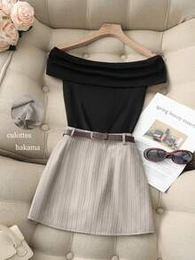 Franclia Casual Chic Commute Versatile One-Shoulder Ruched Black Blouse, Paired With Khaki Shorts, Striped Pants, Belt, Spring/Summer 2-Piece Outfit - Khaki - View 1