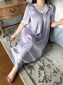 Dazy Plus Fashionable & Elegant Chiffon Contrast Lace V-Neck Loose Plus Size Women Long Nightgown - Mauve Purple - View 6