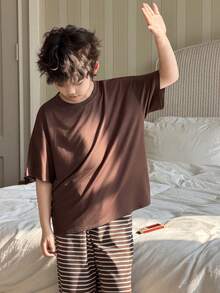 DAZY Tween Boys' Solid Color Casual Round Neck Short Sleeve Top And Striped Pants Pajama Set - Brown - View 6