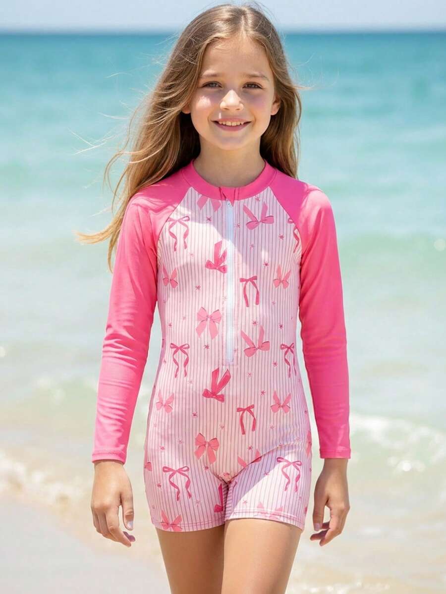 SHEIN 幼儿/小女孩可爱火烈鸟印花长袖防晒泳衣 - 淺粉色 - 查看 1