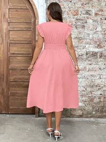 SHEIN Clasi Váy ren vá cổ chữ V thắt eo thanh lịch cỡ lớn cho kỳ nghỉ thường ngày - Bụi hồng - Xem 2