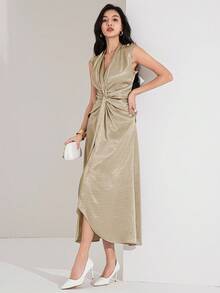 Heiryn Women's Elegant Solid Color Twist Knot Sleeveless Dress, Suitable For Commuting Satin Dress Silky Dress - Khaki - View 5