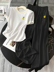 Resyla Bộ đồ nữ gồm áo thun ngắn tay cổ tròn kẻ sọc thêu hình quả chanh và quần dài, kiểu dáng thường ngày. - Nhiều màu - Xem 1