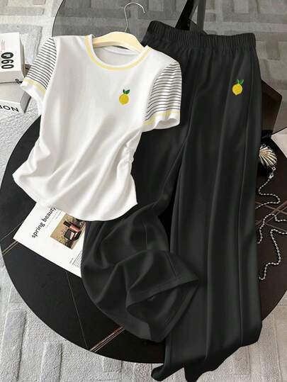 Resyla Bộ đồ nữ gồm áo thun ngắn tay cổ tròn kẻ sọc thêu hình quả chanh và quần dài, kiểu dáng thường ngày.