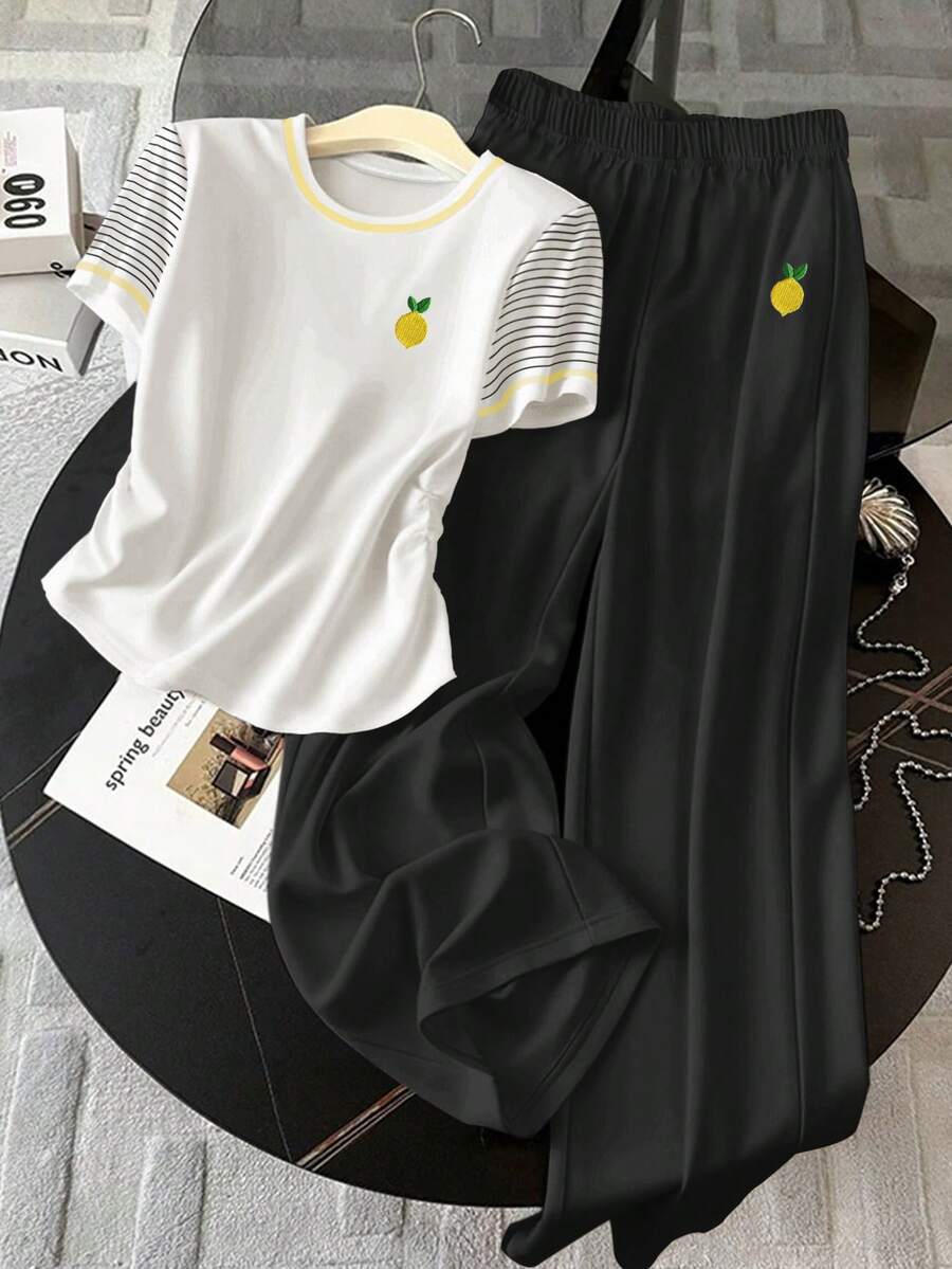 Resyla Bộ đồ nữ gồm áo thun ngắn tay cổ tròn kẻ sọc thêu hình quả chanh và quần dài, kiểu dáng thường ngày. - Nhiều màu - Xem 1