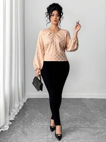 Elenzga Blusa elegante de manga farol con cuello en V y estampado de puntos dorados, talla grande, otoño - Albaricoque - Ver 5