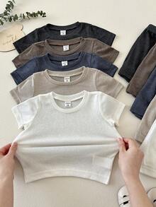 SHEIN 10件套婴儿男女童夏季套装 - 灰色、黑色、浅绿色、天蓝色，宽松圆领短袖上衣和短裤，无腰带环，简约风格，柔软针织面料，适合婴幼儿日常穿着、户外玩耍和居家穿着。