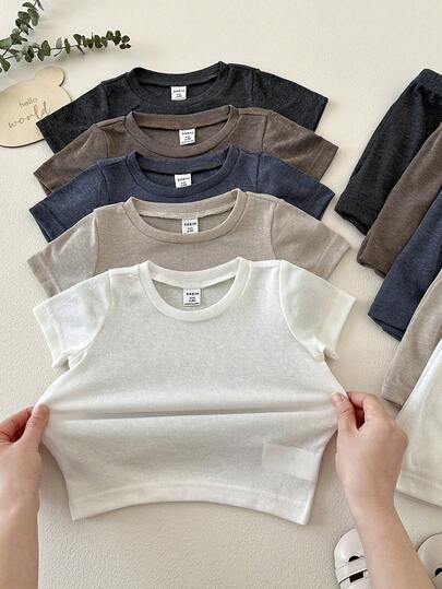 SHEIN 10pcs Baby Boy/Girl Sets, Summer Outfit - Gray, Black, Light Green, Sky Blue, Loose Fit Round Neck Short Sleeve Tops And Shorts Without Belt Loops, Simple Style, Soft Knit Fabric, Suitable For Infant Toddler Casual Wear, Outdoor Play And Home Neutral Baby Clothes Unisex Baby Boy Casual Set Baby Boy Top Bottom Sets