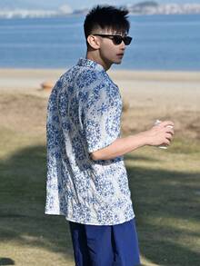 DAZY Summer Textured Floral Print Shirt Tag Solid Color Shorts Vacation Style Men's T-Shirt Set - Multicolor - View 2