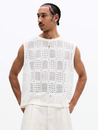 SUMWON Men's Sleeveless Crochet Tank Top Crew Neck Summer Casual Breathable Open Knit Vest Beach Resort Vacation Wear