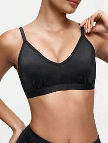 SHAPORA 1pc Black Shiny Fabric Wireless Minimizer Bra With Lift And Side Support For Small Bust Women - Black - View 6