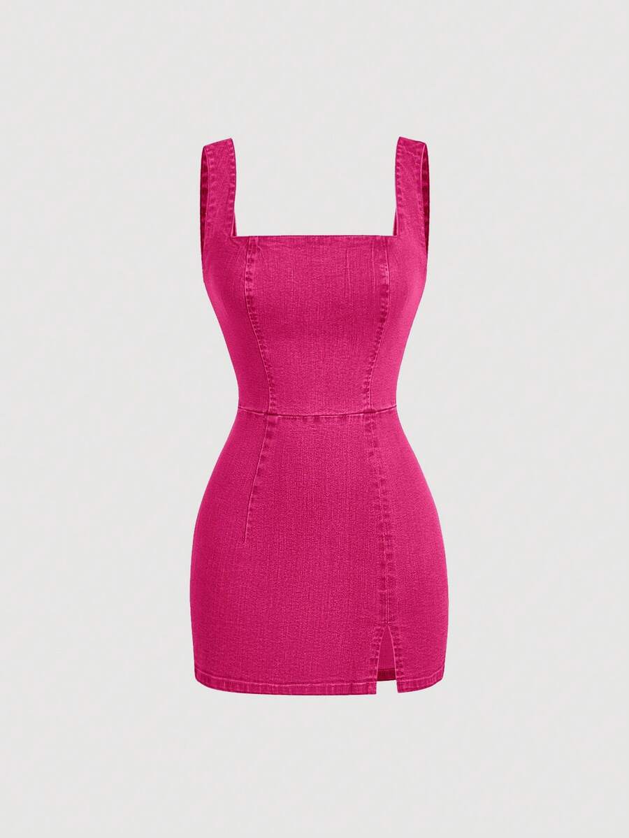 SHEIN MOD 女士夏季时尚水洗牛仔无袖开衩连衣裙 - 粉色 - 查看 1