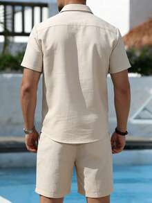 Manfinity RSRT 男士成熟休闲度假高端设计折扣休闲短袖衬衫和短裤套装 - 杏色 - 查看 2