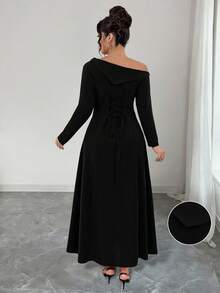 Elenzga Rochie de seară cu guler înalt, mânecă lungă, model A, tiv tip coadă de pește, tricotată moale, mărime plus, pentru ieșiri, petreceri, întâlniri și naveta - Negru - Vizualizare 2