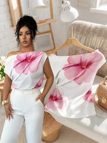 Elenzga 2026春夏新款女士褶皱优雅时尚通勤百搭斜肩短袖衬衫 - 白色 - 查看 1