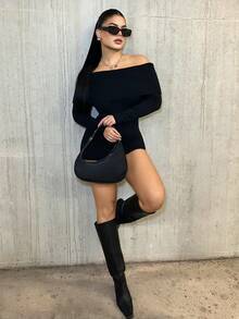 Dayanna Comas 针织罗纹露肩连体裤，适合节日、性感、伊比沙岛音乐节、假日狂欢、假期、感恩节等场合，尽显时尚魅力。 - 黑色 - 查看 3