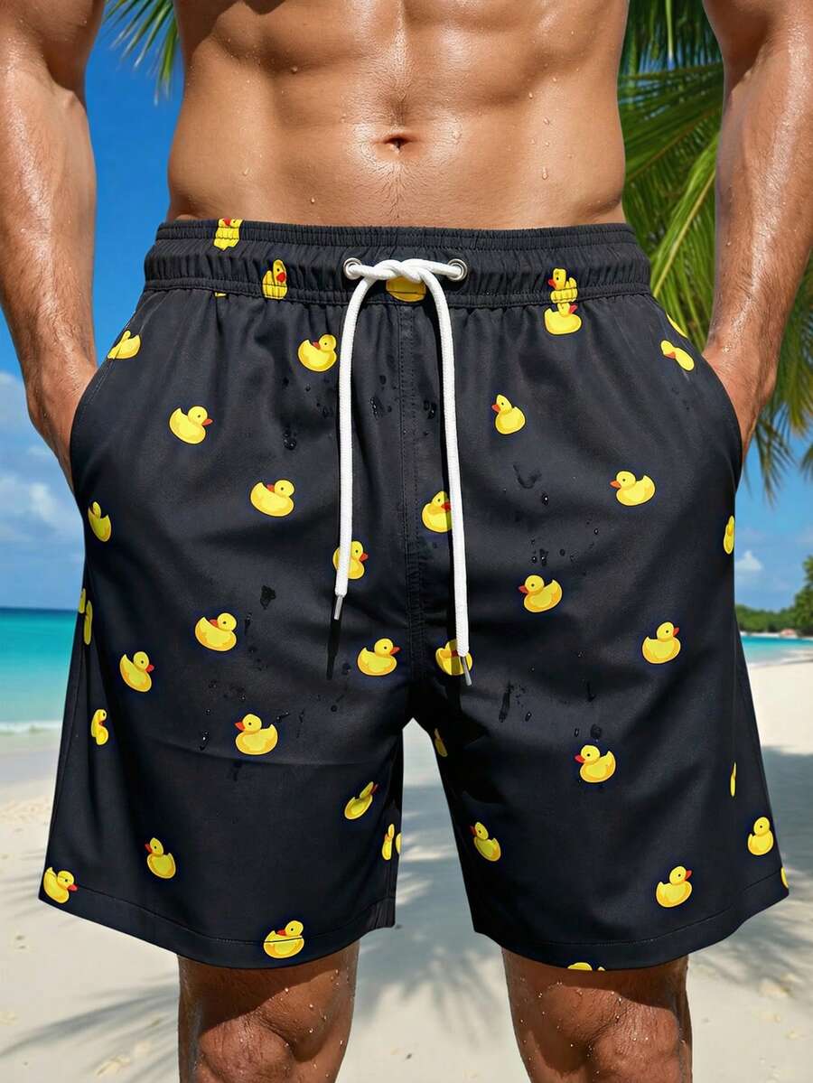 Manfinity Swimmode Men's Cartoon Duck Print Drawstring Waist Pocket Casual Beach Shorts Men Swim Trunks Funny Duck Swim Trunks Swim Trunks Men Mens Swim Shorts Men Beach Shorts,Summer Holiday Mens Duck Swim Trunks Mens Beach Shorts Mens Swim Trunks Funny Men Swim Shorts Duck Funny Swim Shorts - Black - View 1