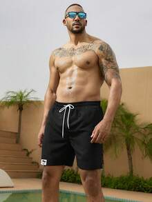 Manfinity Swimmode 男士夏季度假风抽绳腰带撞色二合一沙滩短裤 - 黑色 - 查看 3