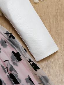 SHEIN Elladie kids 少女碎花网纱荷叶边收腰连衣裙，时尚百搭，适合派对和度假，秋/春季穿着 - 彩色 - 查看 5