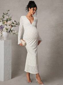 Momance Printed Lace V-Neck Long Ruffle Sleeve Maternity Dress - White - View 6