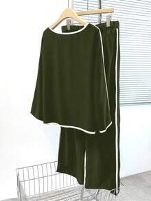 EMERY ROSE Plus Size Women's Contrast Color Round Neck Long Sleeve Shirt And Wide Leg Pants Casual 2 Pieces Set - Army Green - View 2
