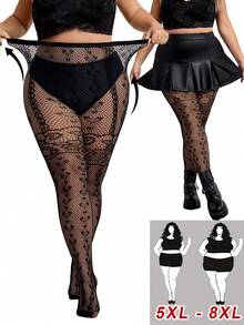 SHEIN CURVE+ Collant trasparenti a forma di cuore eleganti per donne curvy/taglie forti, adatti per San Valentino - nero - Visualizzare 1