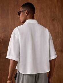 AKNOTIC 男士梭织短袖纯色衬衫，时尚校园风，舒适百搭，复古小众风格短袖开衫，适合叠穿 - 白色 - 查看 8