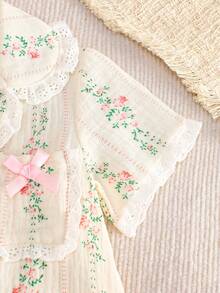 Bộ 2 món áo ngắn tay và quần dài họa tiết hoa xinh xắn cho bé gái, đồ mặc nhà mềm mại, giản dị, mùa hè - Màu be - Xem 7