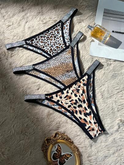3pcs/Set Women Shiny Waistband Sexy Leopard Print Thong Panties