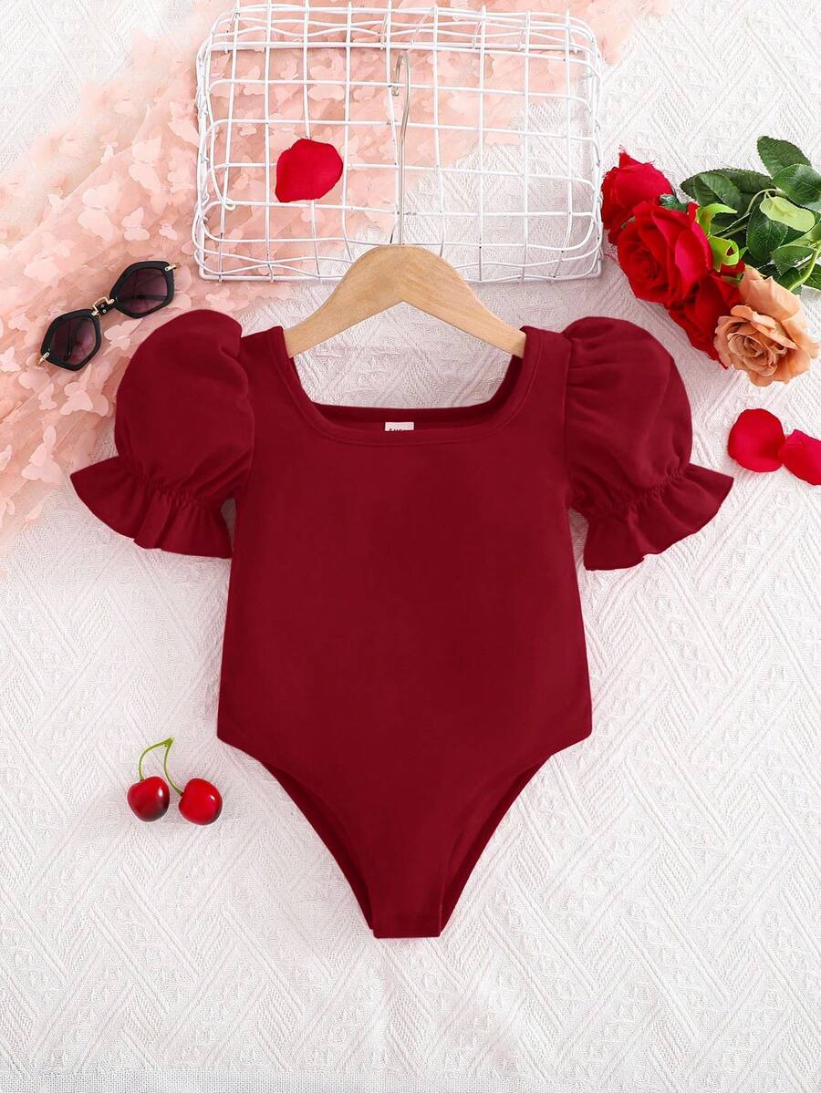 SHEIN Jumpsuit Anak Perempuan Warna Polos dengan Kerah dan Lengan Mengembang, Anak-anak - Burgundy - View 1