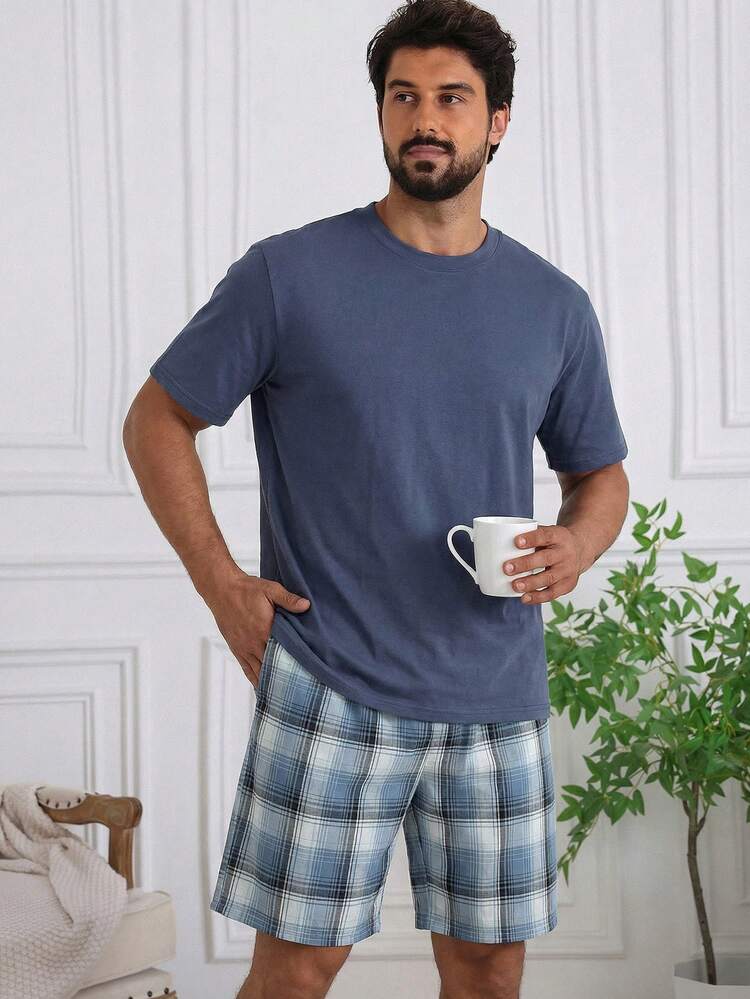 Men's Solid Color Short Sleeve T-Shirt And Shorts Pajama Set, Summer