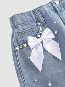 Girlism Tween Girl Spring Summer Elegant Light Washed Distressed Boho White Bowknot Blue Denim Skirt With Pocket Insert, Faux Pearl, And Frayed Hem, For Dailywear Spring Summer And Back To School - Light Wash - View 4