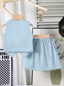 Elladie kids Young Girl Bow Decor Vest And Pleated Mini Skirt Casual Set School Clothes Girls Girls Skirt Set Kids Girl Outfit Girls Outfits Sets Pleated Skirt Set Kids School Girl Outfit Girl Skirt Outfits School Clothes Uniform Girls Summer Coord Set School Outfit For Kids Girl - Blue - View 2