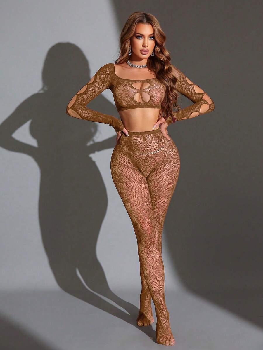 2pcs Women's Sexy Sheer Crop Top & Footless Pants Set - Khaki - View 1