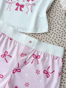 Conjunto de Camiseta Regata Rosa com Laço e Shorts Curtos com Botões para Meninas Adolescentes na Primavera e Verão, Estilo Home, Clean Girl/American BM, com Detalhes em Renda - Rosa chiclete - Visão 4