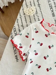 LMoss Kids 4件套女婴可爱碎花荷叶边圆领短袖短裤休闲舒适修身睡衣套装，夏季，樱桃图案婴儿服装，女婴睡衣套装 - 彩色 - 查看 4