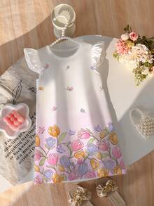 Robe trapèze à manches bouffantes pour bébé fille, élégante et à la mode, style princesse. Imprimé tulipes ravissant, légère et confortable pour le printemps/été. Idéale pour les sorties décontractées, le street style, la rentrée des classes, les pique-niques, les séances photo, les vacances et les cadeaux. - Multicolore - Voir 6