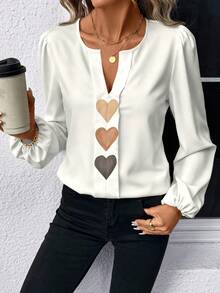 SHEIN LUNE 女士休闲爱心印花衬衫，适合春秋季穿着 - 白色 - 查看 6
