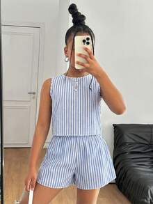 SHEIN 两件套少女休闲日常蓝色条纹蝴蝶结露背背心和短裤套装 - 藍色 - 查看 6