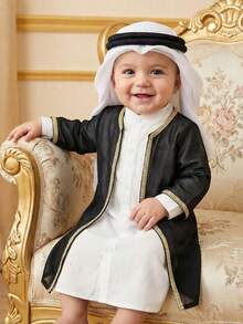 SHEIN Infant/Toddler Boys' Middle Eastern Traditional Long Sleeve Top With Lace Design, Casual & Comfortable, Button-Up Shirt Style Suitable For Everyday Wear, Spring/Autumn - Black - View 1