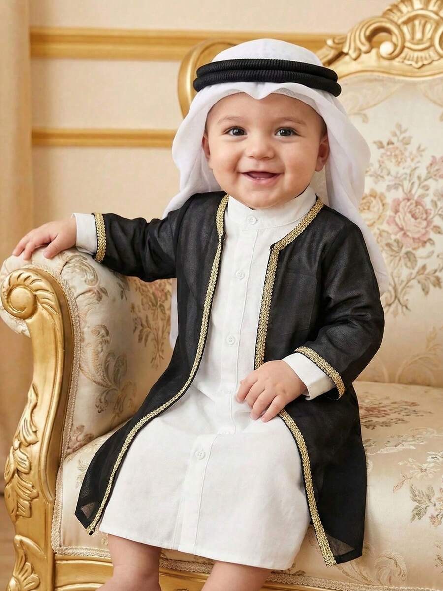 SHEIN Infant/Toddler Boys' Middle Eastern Traditional Long Sleeve Top With Lace Design, Casual & Comfortable, Button-Up Shirt Style Suitable For Everyday Wear, Spring/Autumn - Black - View 1