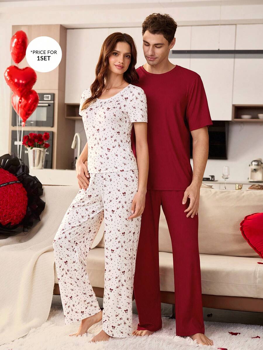 SHEIN 男士红色针织圆领短袖长裤睡衣套装（2件套） - 酒紅色 - 查看 1