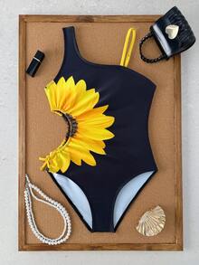 1pc Sunflower Print Hollow-Out Side Design One-Piece Swimsuit For Women, Vacation Style - Black - View 3