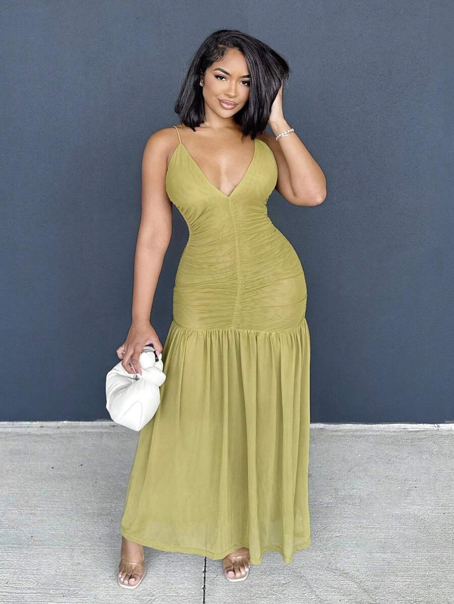 Alexandranx Ruched Front Drop Hem Dress Vacation Spring Spring Summer Occasion Wedding Deep V Cute Sexy Elegant Vacation Beach Holiday Ibiza Fall Night Out Wedding Guest, Elegant, Birthday, Church, Night Out Christmas - Olive Green - View 1