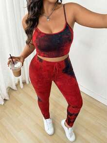 SHEIN EZwear 大码扎染吊带背心和裤子两件套（扎染图案随机） - 酒紅色 - 查看 5