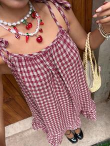 MainGRL 2026春夏新款红色格子梭织面料，肩部系带设计性感可爱女士连衣裙，适合情人节、音乐节、约会、度假、晚宴、郊游等场合，性感女孩装扮 - 酒紅色 - 查看 5