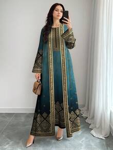 SHEIN Najma 女士复古花卉植物印花长袖休闲阿拉伯风格套装，春秋季 - 彩色 - 查看 3